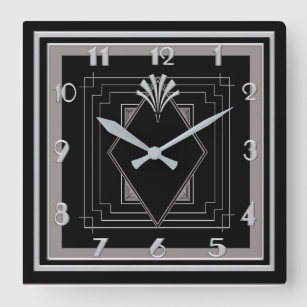 Neu sehr Art Deco (silber/schwarz) Quadratische Wanduhr