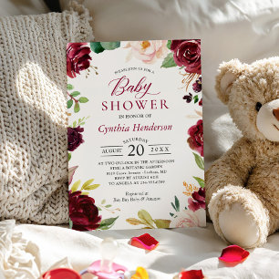 Neu! Süße Rosa-Bordeaux Blumen Baby Shower Einladung