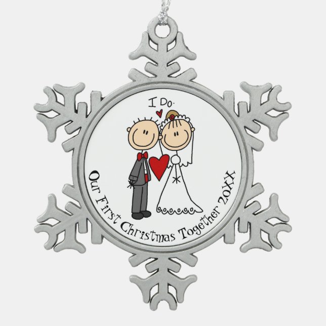 Neu verheiratete 1. Weihnachtsfeier Zusammen Snowf Schneeflocken Zinn-Ornament (Vorderseite)