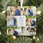 Neu verheiratete Verheiratete Couple Foto Collage  Ornament Aus Metall<br><div class="desc">Dieses wunderschöne,  frisch vermählte Paar mit Metallweihnachtsgeschenk zeigt ein klassisches Layout von 6 Fotos auf weißem Hintergrund mit Namen,  Ort und Datum der verheirateten Ehepaare. Ein wunderbares Erinnerungsgeschenk für Ihre Ehefrau oder Ihren Ehemann,  das Foto für immer zu genießen. Fügen Sie ein vollständiges Foto auf der Rückseite hinzu.</div>