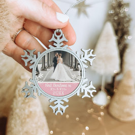 Neu verheiratetes 1. Weihnachtsfest Foto Rosa Schneeflocken Zinn-Ornament