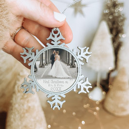 Neu verheiratetes 1. Weihnachtsfest Foto White Schneeflocken Zinn-Ornament