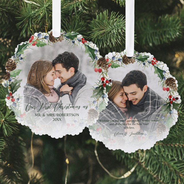 Neu verheiratetes erstes botanisches 2-Foto Ornament Karte (Von Creator hochgeladen)