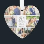 Neu verheiratetes Paar Foto Collage Herz geformt Ornament<br><div class="desc">Dieses wunderschöne, frisch vermählte Paar mit einem herzförmigen Weihnachtsgeschenk zeigt ein klassisches Layout von 5 Fotos auf weißem Hintergrund mit Namen, Ort und Datum der verheirateten Ehepaare. Ein wunderbares Erinnerungsgeschenk für Ihre Ehefrau oder Ihren Ehemann, das Foto für immer zu genießen. Fügen Sie ein vollständiges Foto auf der Rückseite hinzu....</div>