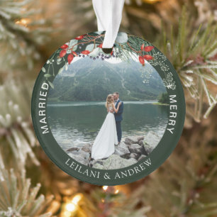 Neu verheiratetes WeihnachtsFoto Watercolor Holly  Ornament