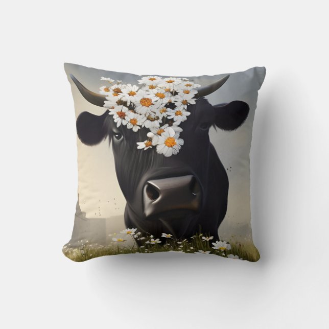 Neuartiges Schwarz-Angus-Kuh-Kissen Kissen (Vorderseite)