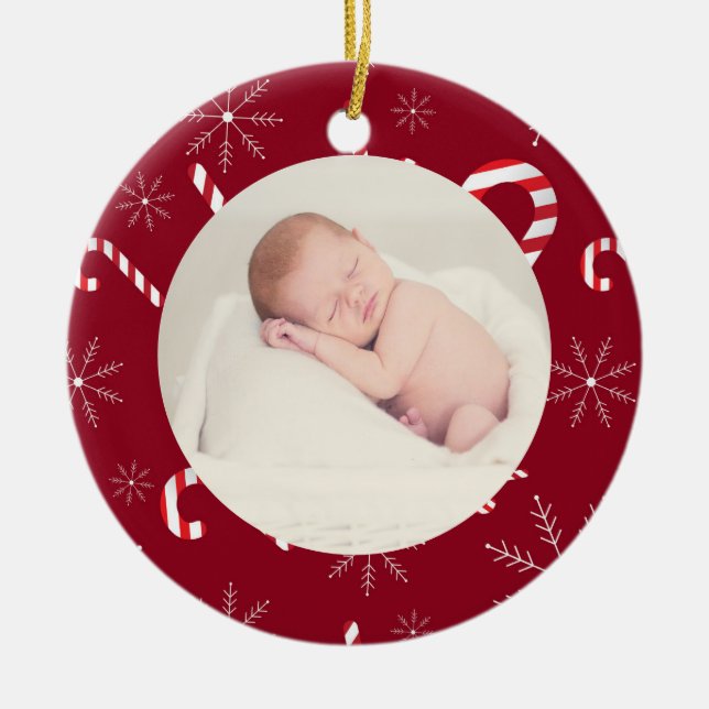 Neuborn Baby First Christmas Foto Candy Cane Snow Keramik Ornament (Vorne)