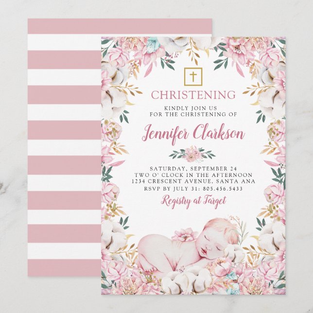 Neuborn Floral Christening Einladung (Vorne/Hinten)