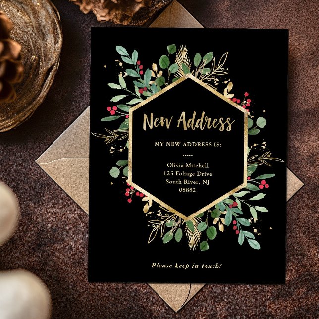 Neue Adresse | Christmas Gilded Greenerity Black Postkarte (Gilded greenery on black holiday change of address postcard)