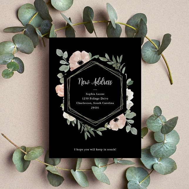 Neue Adresse | Dusty Peach Blume auf Black Postkarte (Von Creator hochgeladen)