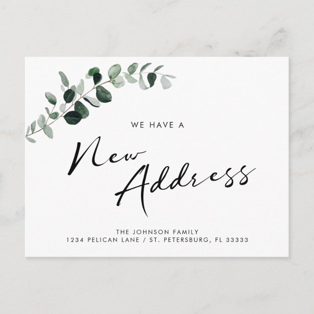 Neue Adresse Eukalyptus Chic Calligrafy Moving Ankündigungspostkarte (Vorderseite)
