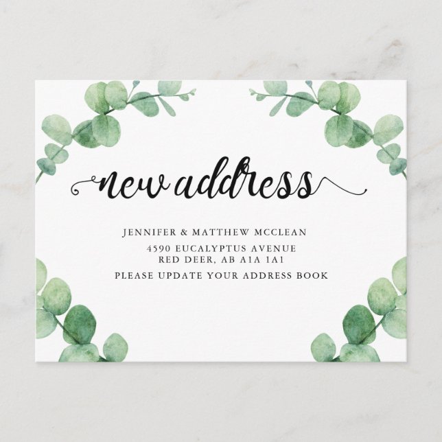 Neue Adresse Eukalyptus Leaf Botanische Kalligrafi Postkarte (Vorderseite)