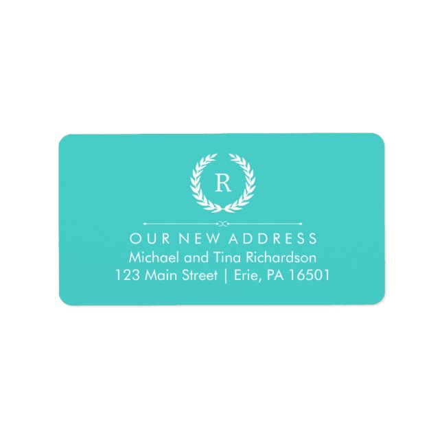 Neue Adresse für Türkis und Weißes Monogramm Adressaufkleber (Vorne)