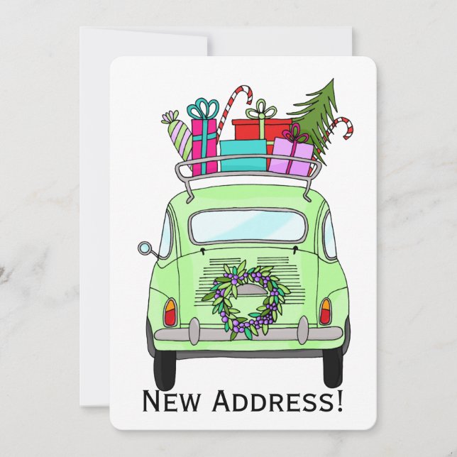 Neue Adresse grün Retro Fiat 500 Weihnachtsgeschen Einladung (Vorderseite)
