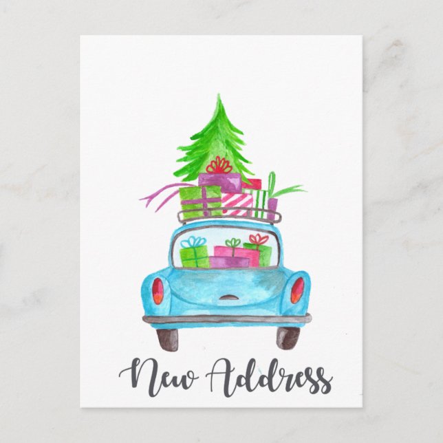 Neue Adresse Klassischer Weihnachtswagen Postkarte (Vorderseite)