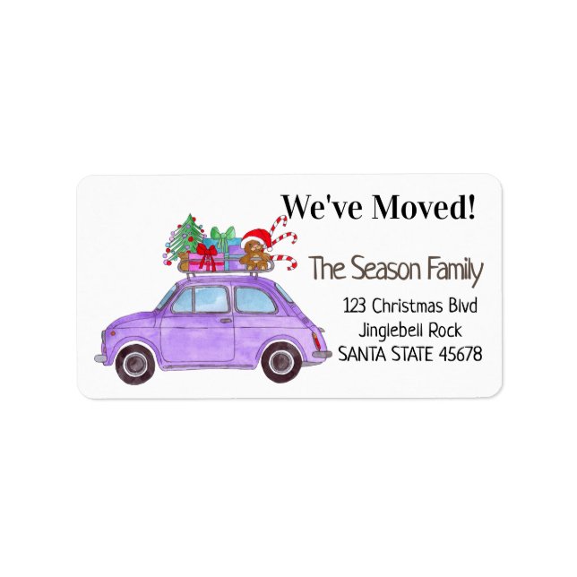 Neue Adresse Lila Car mit Weihnachtsgeschenken Adressaufkleber (Vorne)