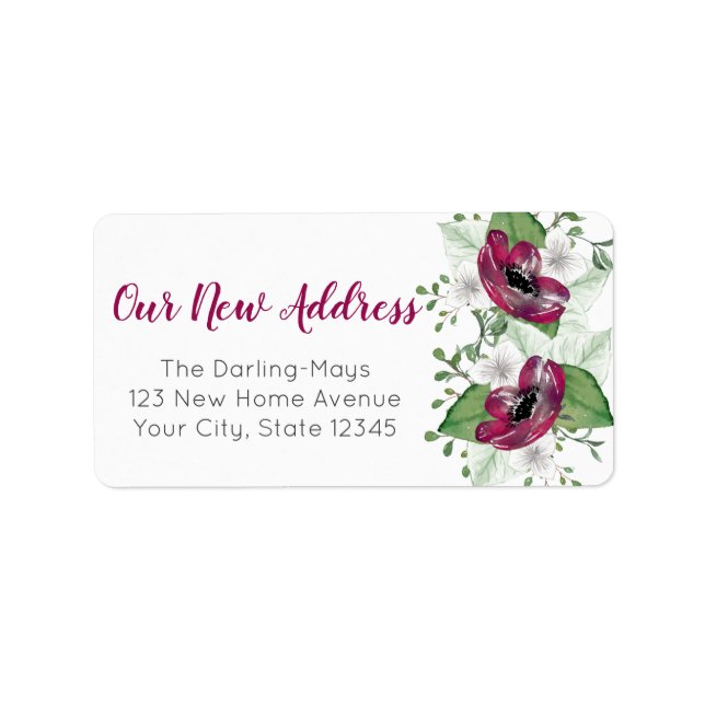 Neue Adresse Magenta Wasserfarbenfloral Custom Adressaufkleber (Vorne)