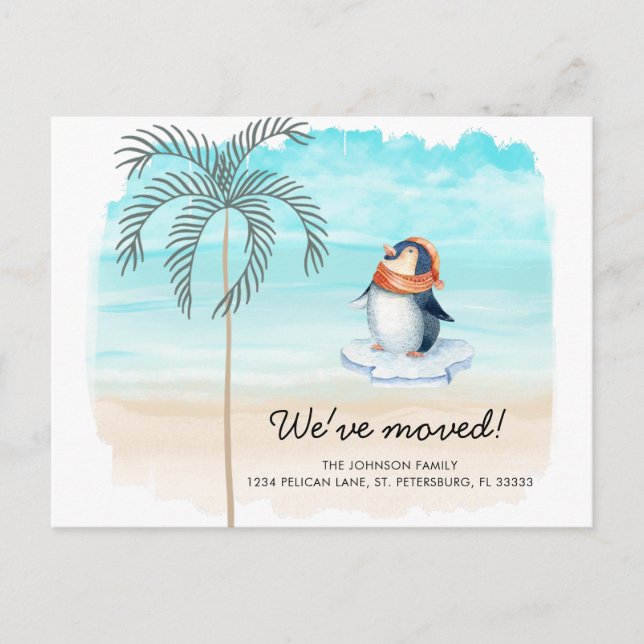 Neue Adresse Niedlich Pinguin Florida Beach Moving Ankündigungspostkarte (Vorderseite)
