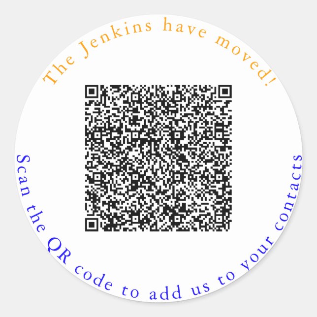 Neue Adresse, QR-Code, Hinzufügen zu Kontakten Runder Aufkleber (Vorderseite)