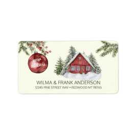 Neue Adresse Red Cabin Snow mit Evergreens Adressaufkleber
