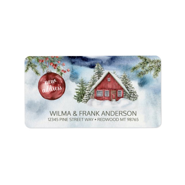 Neue Adresse Red Cabin Snow mit Evergreens Labe Adressaufkleber (Vorne)