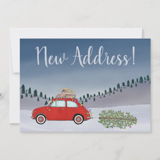 Neue Adresse Red Fiat 500 mit Weihnachtsbaum Einladung (Vorderseite)