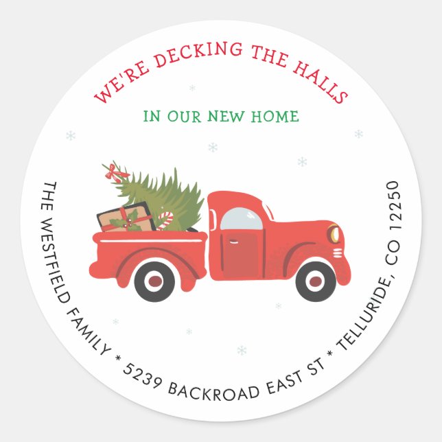 Neue Adresse Red Truck Weihnachtsmann Ankündigung Runder Aufkleber (Vorderseite)