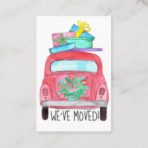 Neue Adresse rotes Auto mit Weihnachtsgeschenken Visitenkarte