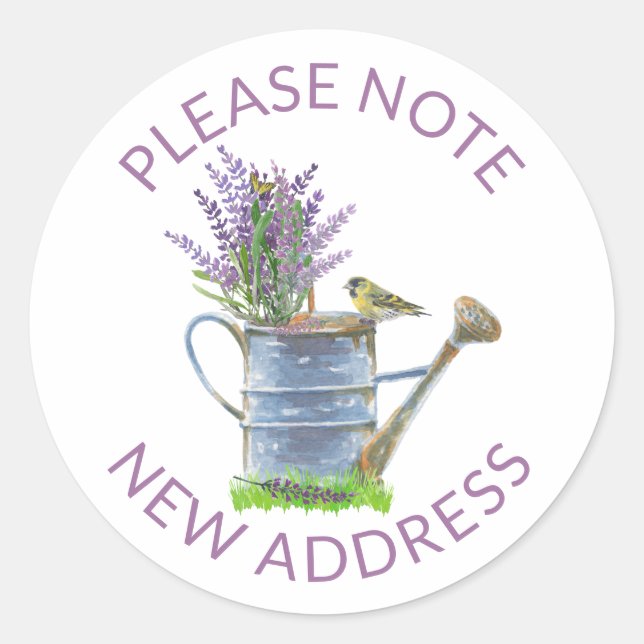 Neue Adresse Rustic Watering Dose mit Lavendel Runder Aufkleber (Vorderseite)