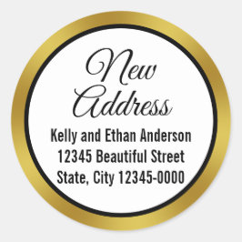 Neue Adresse Schwarz-weiß Gold Elegante Script Mov Runder Aufkleber
