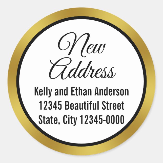 Neue Adresse Schwarz-weiß Gold Elegante Script Mov Runder Aufkleber (Vorderseite)