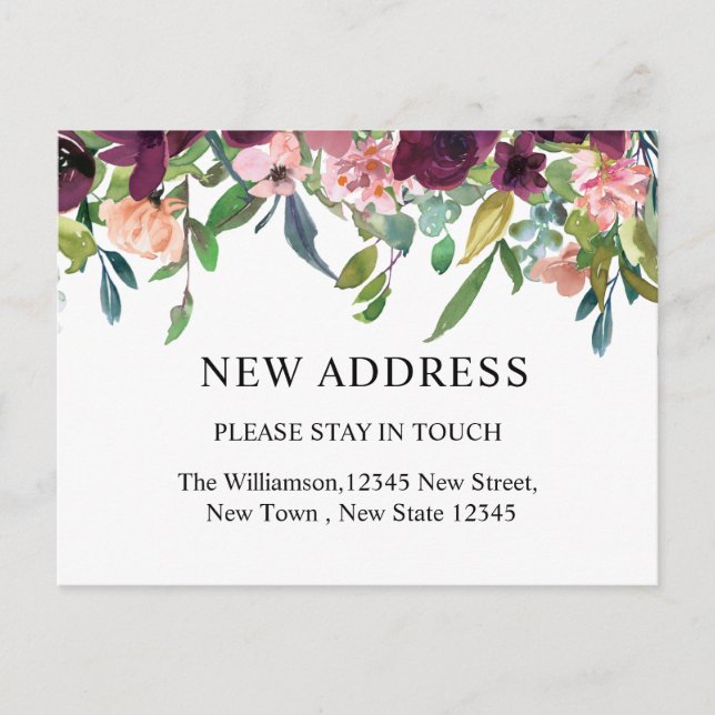 Neue Adresse | Wasserfarbene Blumen und Grünpflanz Postkarte (Vorderseite)