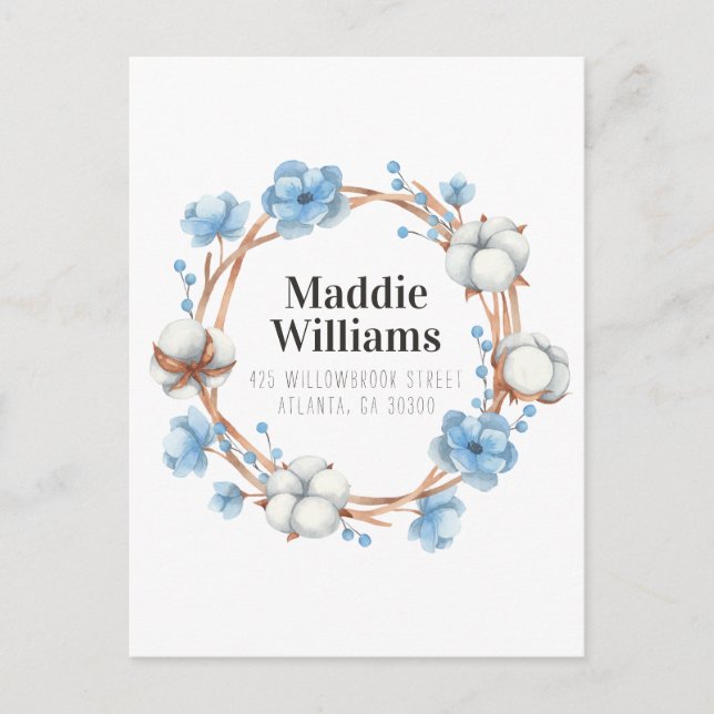 NEUE ADRESSE | Watercolor Cotton Wreath Postkarte (Vorderseite)