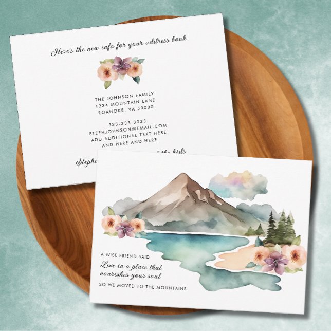 Neue Adressenwasserberge bewegen Ankündigung (New Address Watercolor Mountains Motivational Quote Floral Moving Announcement Flat Card)