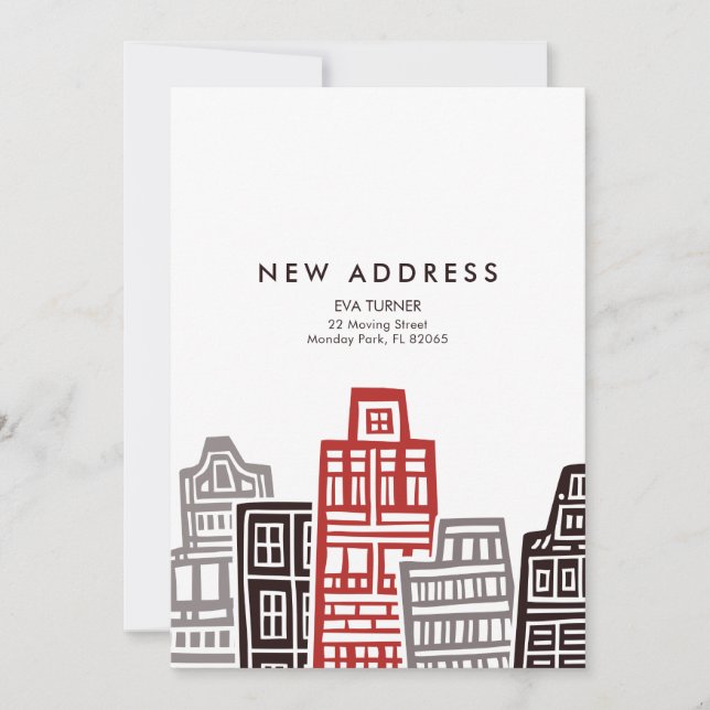 Neue Adresskarte mit Retro-Gebäude in Rot und Schw Einladung (Vorderseite)