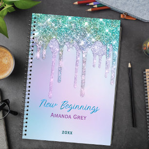 Neue Anfänge Aqua-blaue Tropfen-Monogramm groß Notizbuch