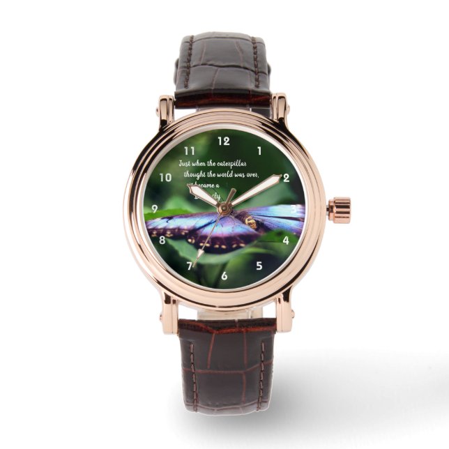 Neue Anfänge Schmetterling Inspiration Zitat Armbanduhr (Vorderseite)