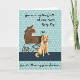 Neue Baby Boy Ankündigung mit Baby, Carriage, Hund