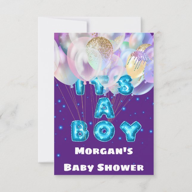 Neue Baby-Dusche Es ist ein Boy Blue Balloons Lila Einladung (Rückseite)