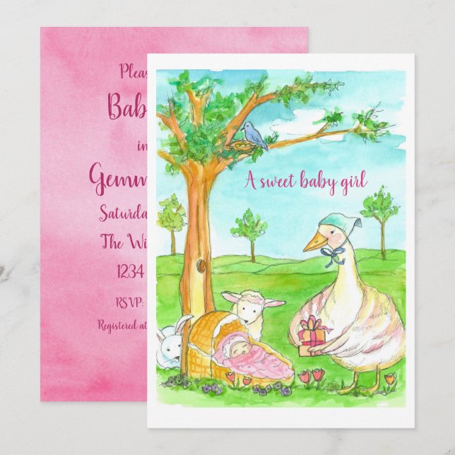 Neue Baby Duwer Girl Fairy Tale Tiere Einladung (Vorne/Hinten)