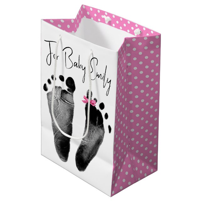Neue Baby-Footprints mit Polka Dot Bow Mittlere Geschenktüte (Vorderseite Schrägansicht)