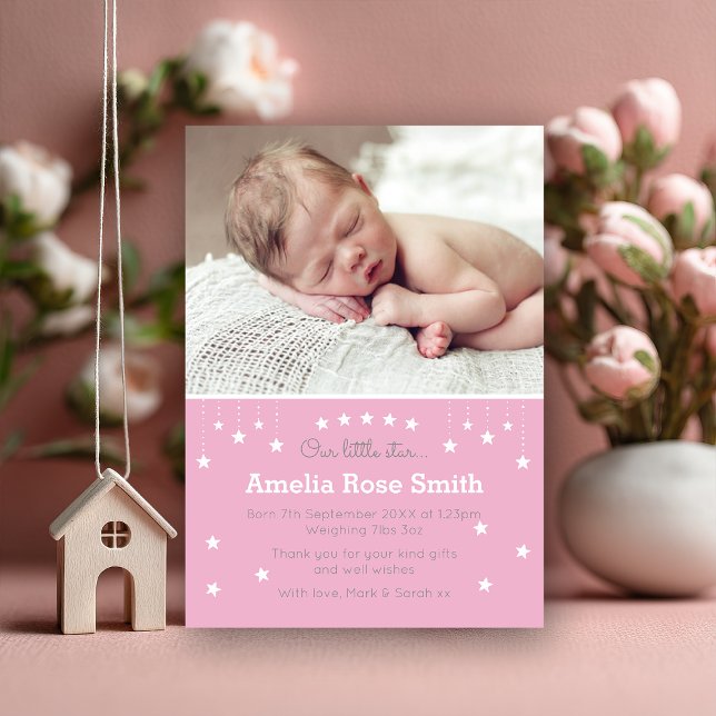 Neue Baby Girl Ankündigung/Dankeschön Karte (A sweet way to introduce your little star 🌟 Personalize this pink photo announcement to share your )