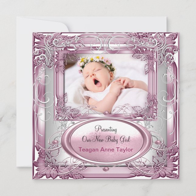 Neue Baby Girl Ankündigung Pink Silver (Vorderseite)