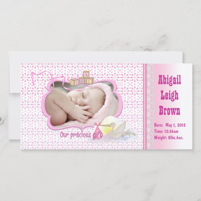 Neue Baby Girl Foto Card Ankündigung (Vorderseite)