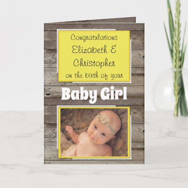 Neue Baby Glückwünsche Foto rustikal gelb Karte (Vorderseite)