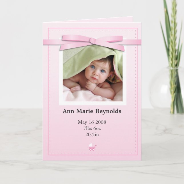 Neue Baby-Mädchen-Foto-Rosa-Mitteilungs-Karte Ankündigung (Vorderseite)