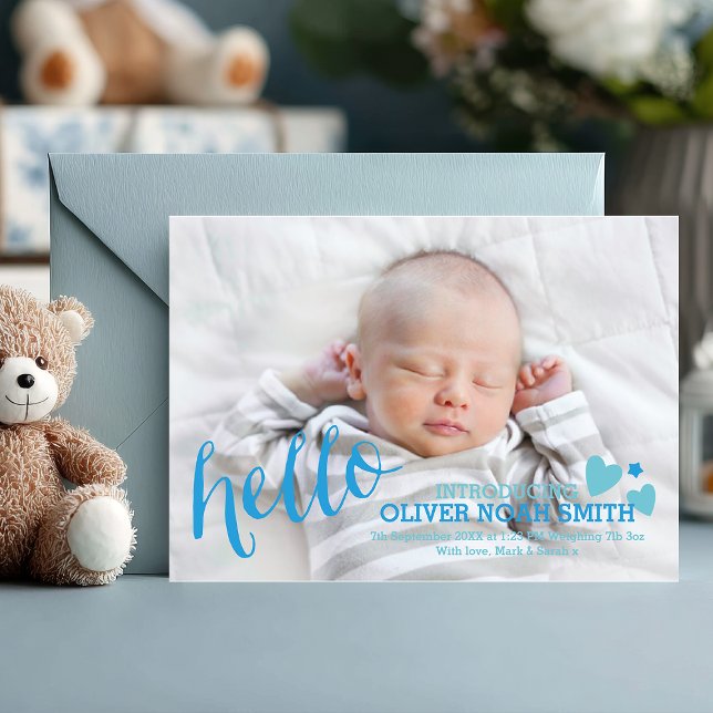 Neue Babyankündigung/Dankeschön-Karte Dankeskarte (Hello, little one 💙 Share your joy with this charming blue photo birth announcement card.)