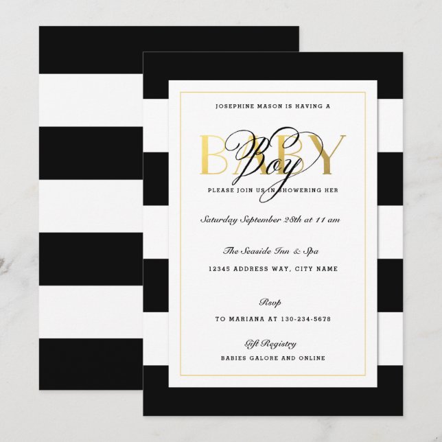NEUE Black & White Stripe Baby Boy Dusche Gold Einladung (Vorne/Hinten)