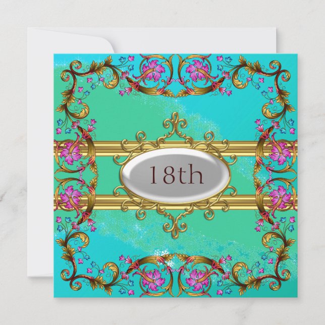 Neue Blue Aquamarin Birthday Party Blume Frame Einladung (Vorderseite)
