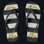 Neue Ehefrau New Bride Frau Personalisiert Flip Flops<br><div class="desc">Personalisierte neue Ehefrau New Bride Frau Metallic Gold Foil Text auf Black and White Stripes Beach Bride Sandals</div>